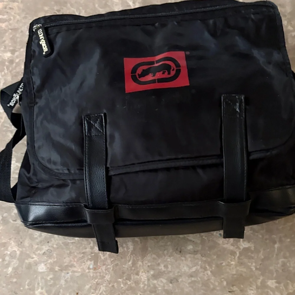 Black and Red Logo Messenger Bag